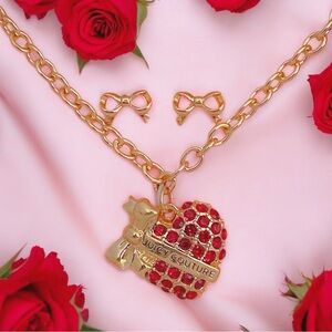 Juicy Couture Gold-Tone Ruby Red Rhinestone Heart Charm Necklace & Bow Earrings